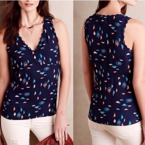 Maeve Tops - Anthropologie Maeve Sleeveless Scalloped Navy Turtle Top Size 8